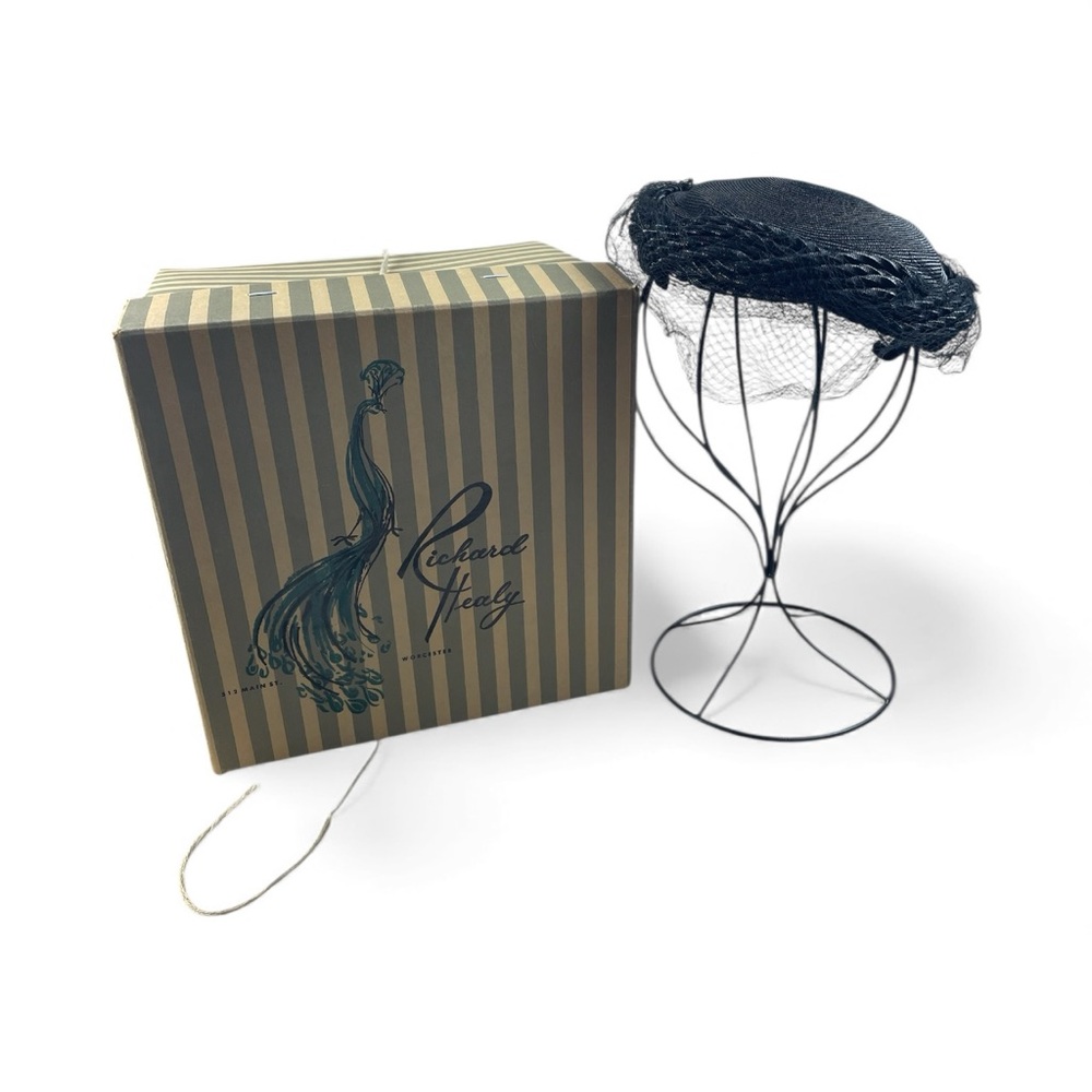 Vintage 1950s Richard Healy Black Fascinator Hat Veil L Side Bars w/ Box USA